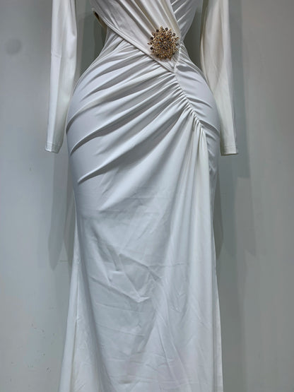 Sexy Long Sleeve V Neck Hollow Out Bodycon Cross Pleated High Split Maxi Club Party Evening Dress