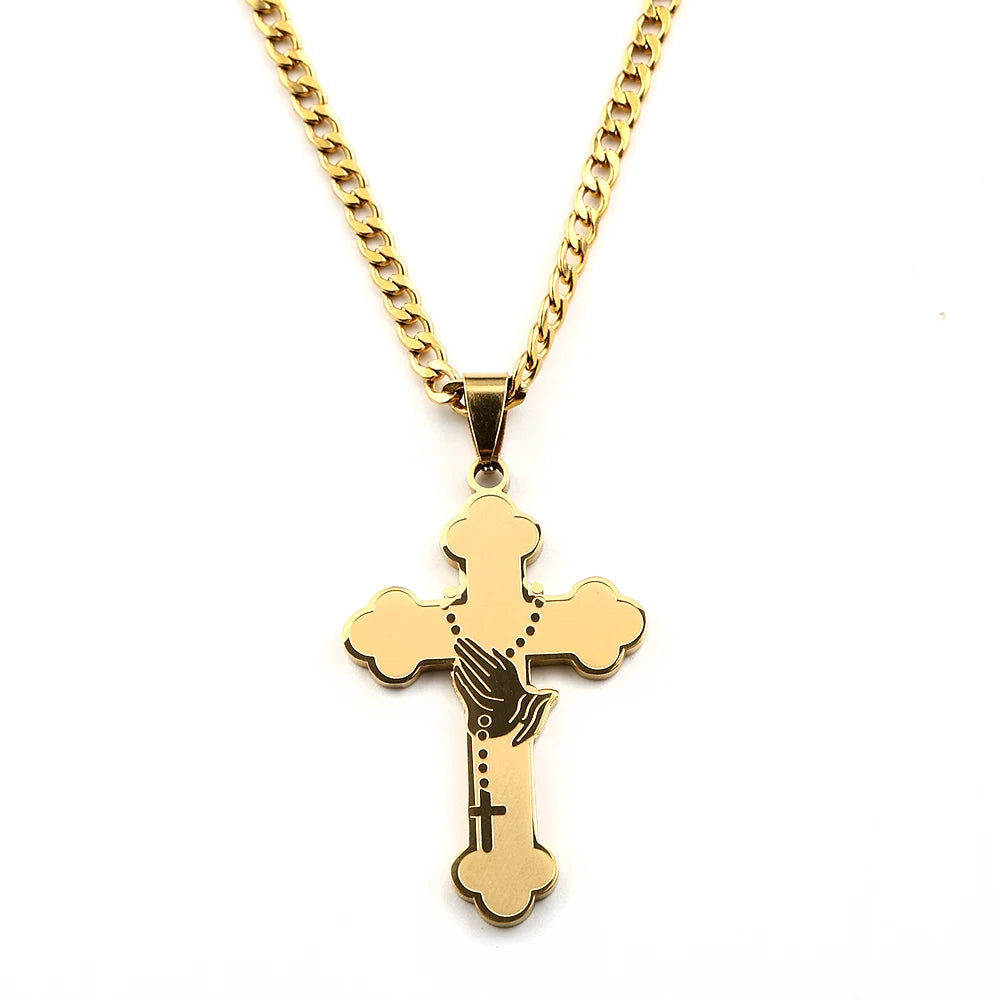 Women Men Gold Catholic Faith Rosary Jesus Cross Praying Hand Stainless Steel Box Chain Pendant Necklace