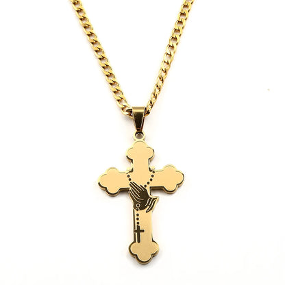 Women Men Gold Catholic Faith Rosary Jesus Cross Praying Hand Stainless Steel Box Chain Pendant Necklace