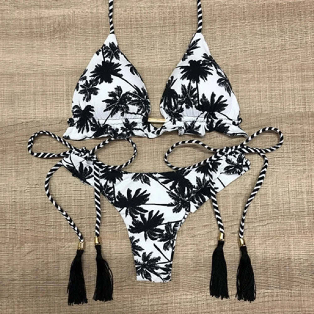 Sexy Black White Coconut Tree Printed Swimsuit Triangle Halter Bikini Brazilian Bathing Suits