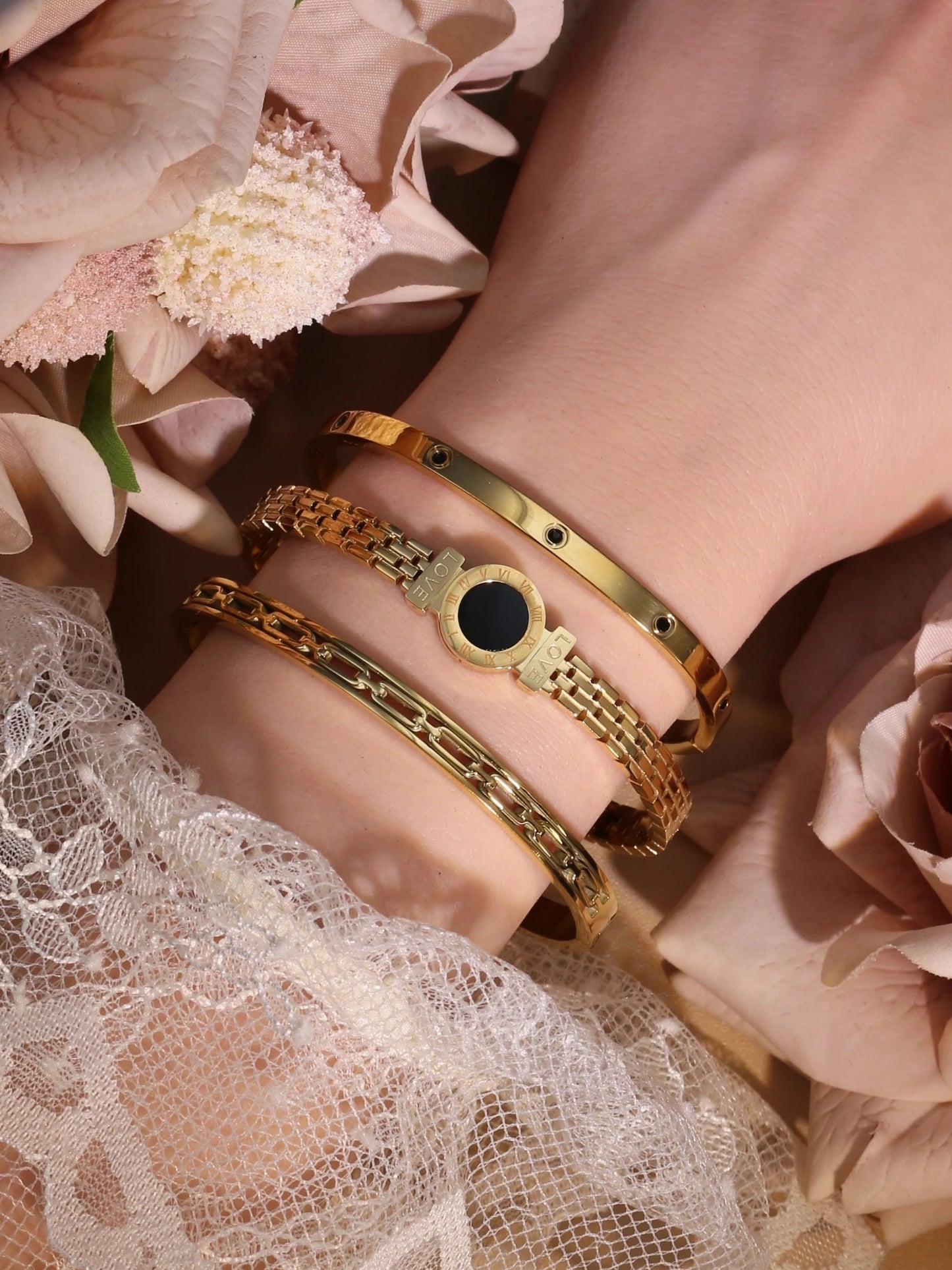 Stainless Steel Zircon Roman Numeral Chain Design Women Bracelet Bangle