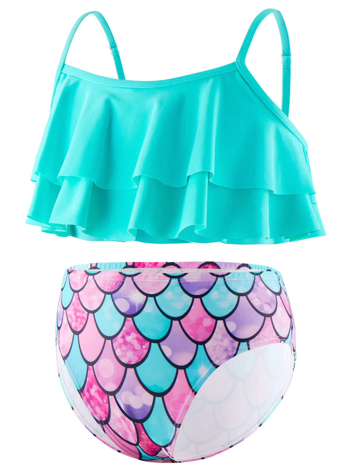 2pcs Kids Girl Sleeveless Pink Ruffle Crop Tops Scale Print Swim Briefs Swimming Suit