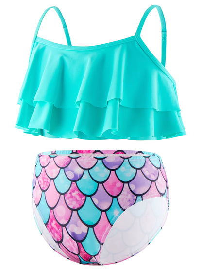 2pcs Kids Girl Sleeveless Pink Ruffle Crop Tops Scale Print Swim Briefs Swimming Suit