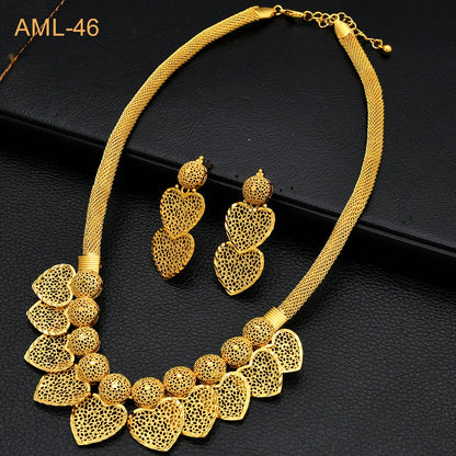 Dubai 24K Gold Plated Women Heart African Indian Bridal Wedding Necklace Earrings Jewelry Set