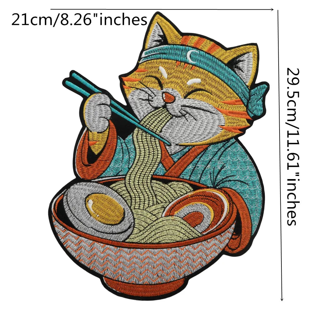 Japanese Cartoon Noodle-Eating Cloak Cat Embroidered Patches Iron on Badges Twill Craft Sticker Clothes