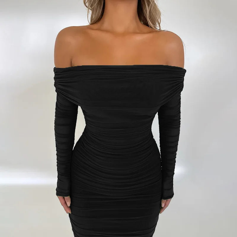 Women Off-shoulder Long Sleeve Sexy Maxi Strapless Backless Bodycon Ruched Party Long Dress