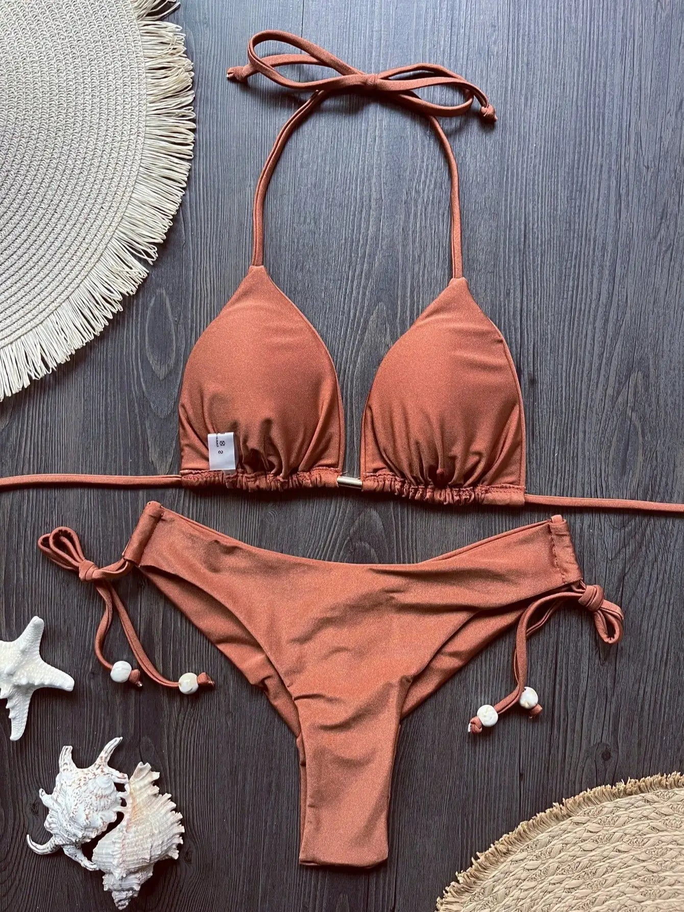 Solid Color Bikini Swimsuit Hanging Neck Rope Split Swimsuit 2-piece Beachwear Suit