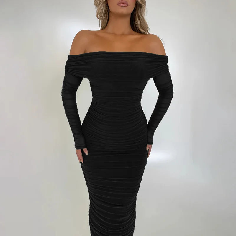 Women Off-shoulder Long Sleeve Sexy Maxi Strapless Backless Bodycon Ruched Party Long Dress