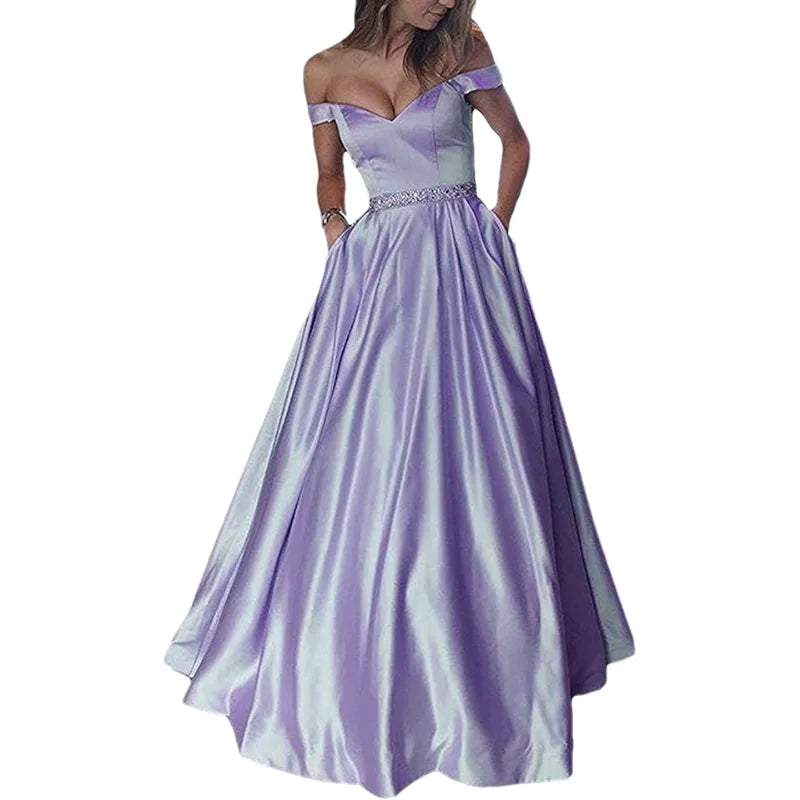 Women Off The Shoulder Beaded Satin V Neck Corset A Line Long Formal Prom Evening Party Gown Dress w/Pocket