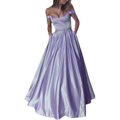 Women Off The Shoulder Beaded Satin V Neck Corset A Line Long Formal Prom Evening Party Gown Dress w/Pocket