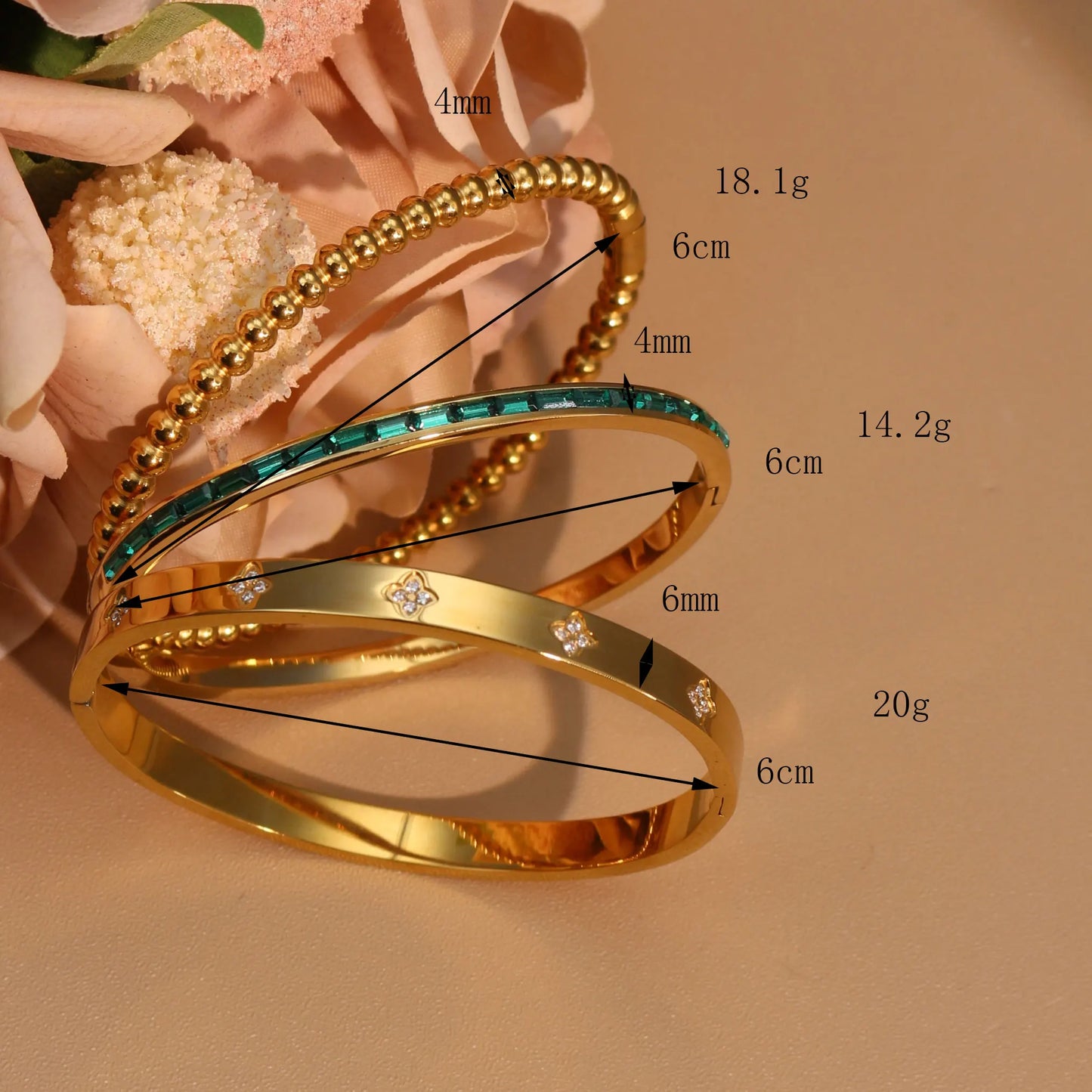 Women 18k Gold Plated Stainless Steel Green Zircon Bangles Bracelet Set Gift.