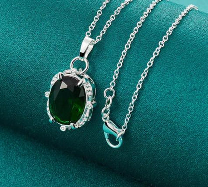 925 Sterling Silver Green Zircon 16-30Inches Chain Woman Fashion Wedding Party Charm Pendant Necklace