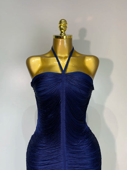 Women Sexy Celebrity Backless Halter Tassel Bandage Evening Party Birthday Wedding Dress