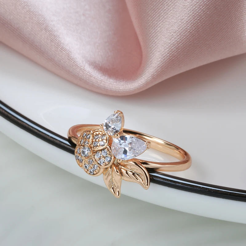 Women Cute Flower 585 Rose Gold Color Natural Zircon Fashion Wedding Rings