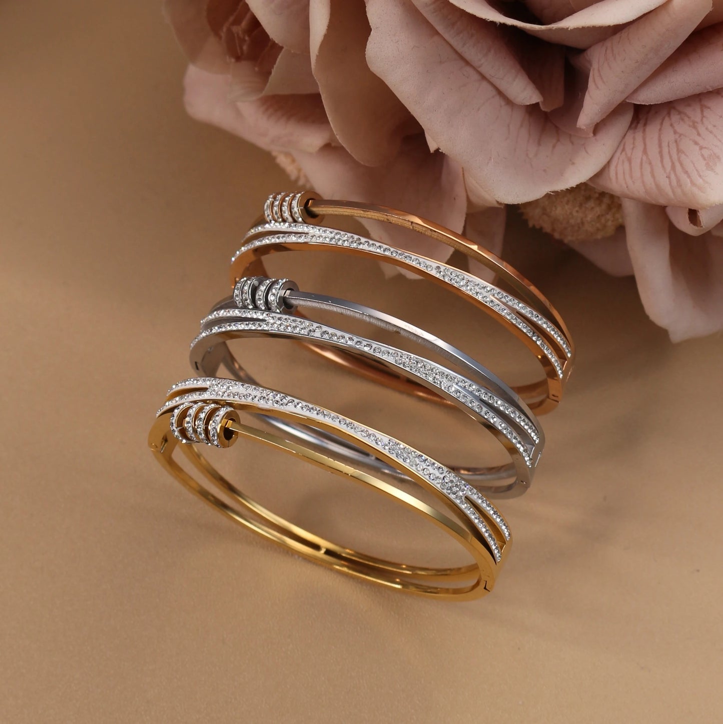Delicate Crystal Cutout Knot Stainless Steel Gold Color Women's Charm Bracelet