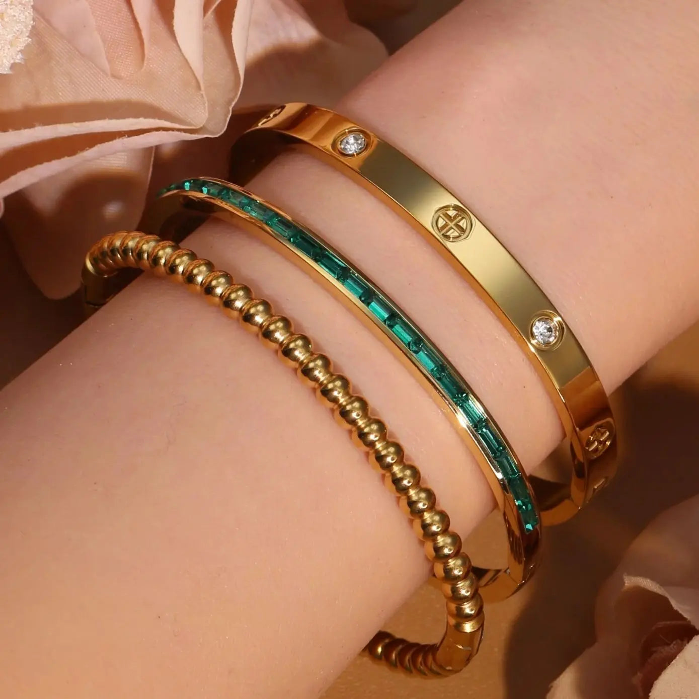 Women 18k Gold Plated Stainless Steel Green Zircon Bangles Bracelet Set Gift.