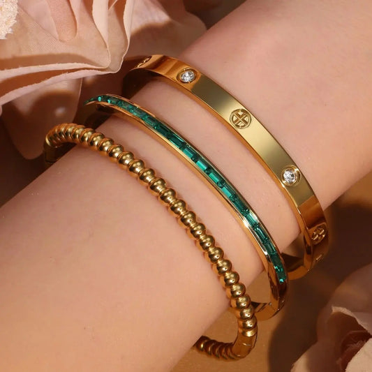 Women 18k Gold Plated Stainless Steel Green Zircon Bangles Bracelet Set Gift.