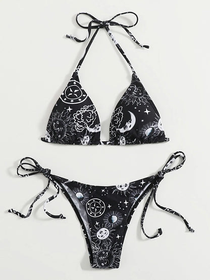 2pcs sexy gothic print triangle high waist thong Swimwear Set