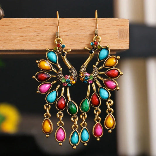 Women Vintage Bohemian Peacock Boho Antique Gold Multicolor Color Rhinestone Ethnic Dangle Earrings