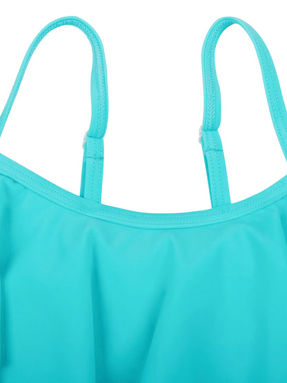 2pcs Kids Girl Sleeveless Pink Ruffle Crop Tops Scale Print Swim Briefs Swimming Suit