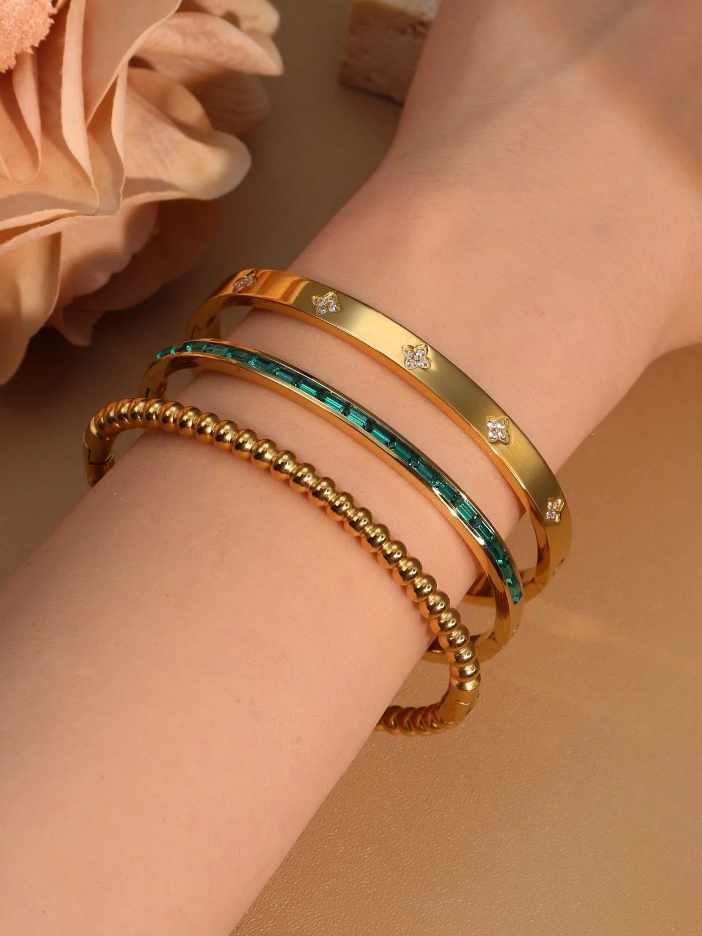 Women 18k Gold Plated Stainless Steel Green Zircon Bangles Bracelet Set Gift.