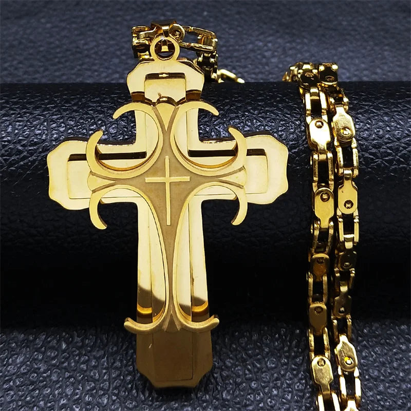 Men Big Cross Jesus Stainless Steel Gold Color Christ God Chain Necklace