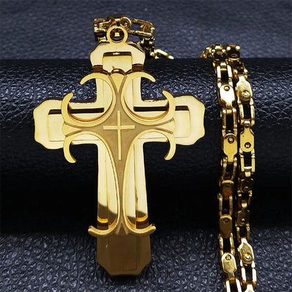 Men Big Cross Jesus Stainless Steel Gold Color Christ God Chain Necklace