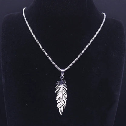 Boho Leaf Feather Women Men Stainless Steel Silver Color Chain Pendant Necklace
