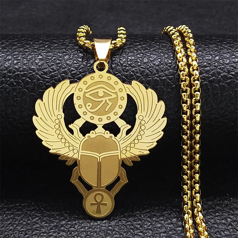 Key Of Life Egyptian Scarab Eye of Ra Horus Symbol Stainless Steel Gold Color Pendant Necklace