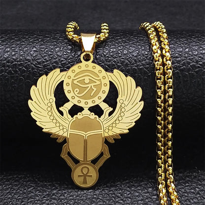 Key Of Life Egyptian Scarab Eye of Ra Horus Symbol Stainless Steel Gold Color Pendant Necklace