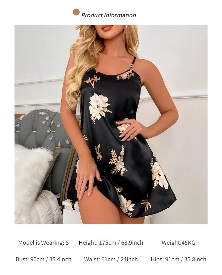 Women Nightwear Black Floral Print Nightdress Sleepwear Gowns