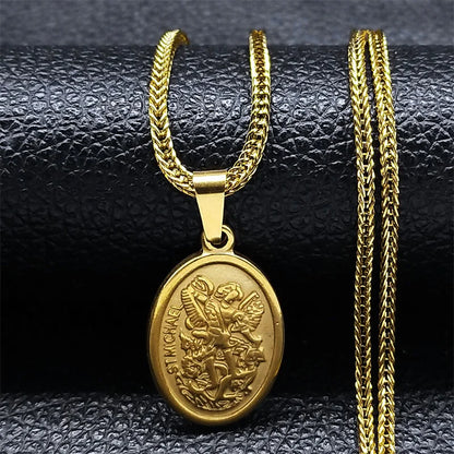 Men Orhodox Amulet Christian St.Michael Archangel Stainless Steel Protect Me Saint Angel Necklace