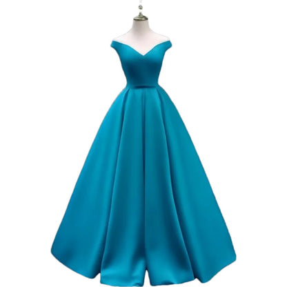 Off-Shoulder A-Line Satin Formal Women Prom Long Evening Party Gown Dress w/ Pockets