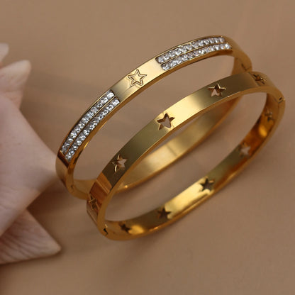 18K Gold Plated Stainless Steel Hollow Star Zircon Bracelet Bangle