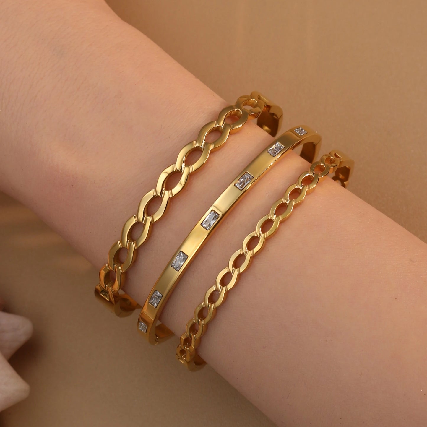 18K Gold Plated Stainless Steel Zircon Chain Hollow Women's Bracelet