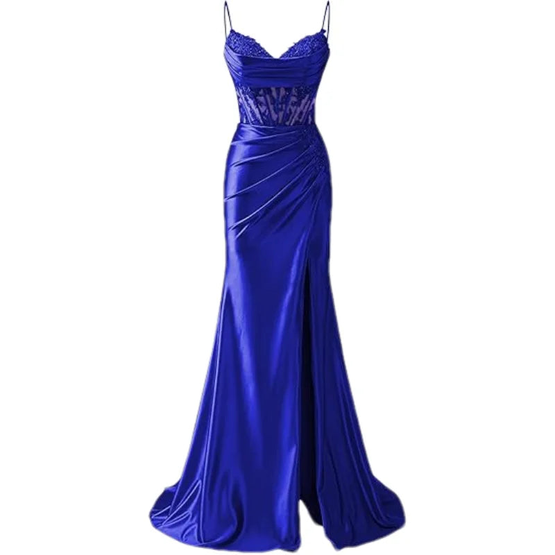 Lace Appliques Satin Prom Women w/ Slit Spaghetti Strap Backless Long Mermaid Evening Formal Dress Gown