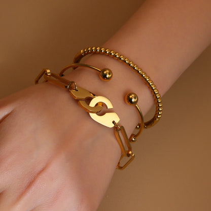 Women 18K Gold-Plated Stainless Steel Bead Open Bracelet Clasp Design Bangles Jewelry