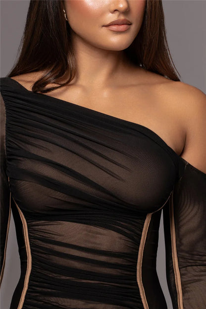 Sexy Diagonal Collar Long Sleeve Midi Two Layer Mesh Backless Ruched Bodycon Club Party Maxi Dress