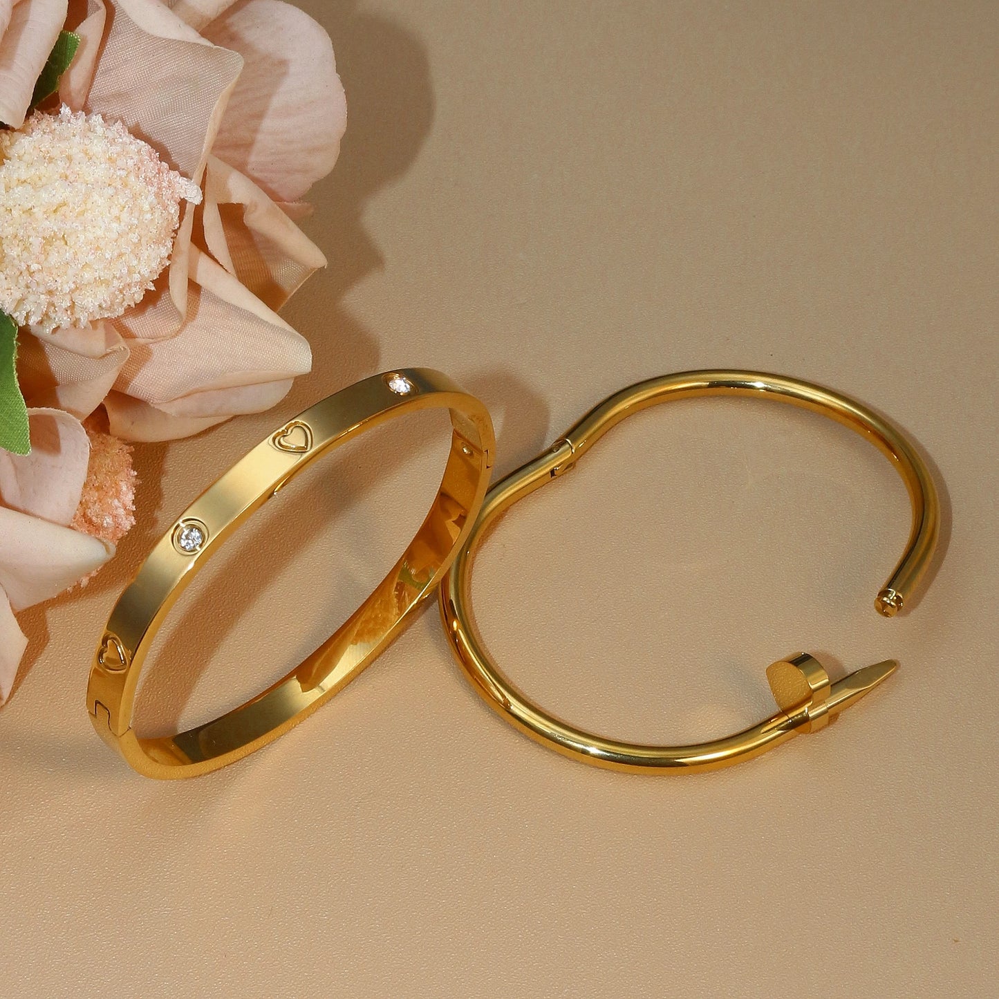 Women Heart Shaped Zircon Stainless Steel Gold Color 2-in-1 Bangles Bracelet Jewelry