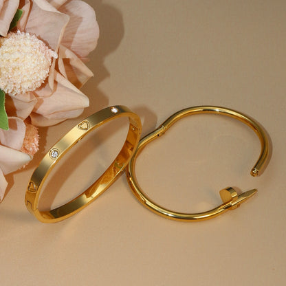 Women Heart Shaped Zircon Stainless Steel Gold Color 2-in-1 Bangles Bracelet Jewelry