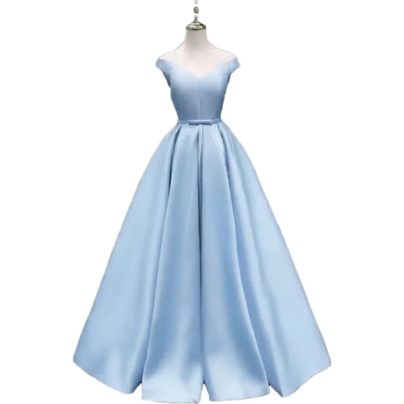 Off-Shoulder A-Line Satin Formal Women Prom Long Evening Party Gown Dress w/ Pockets