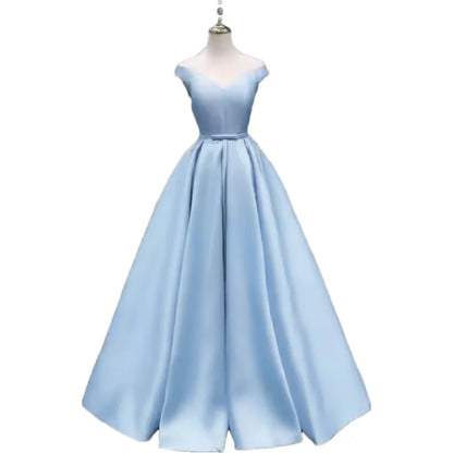 Off-Shoulder A-Line Satin Formal Women Prom Long Evening Party Gown Dress w/ Pockets