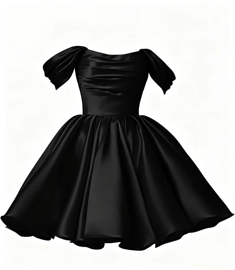 Women Off The Shoulder Satin Homecoming A Line Short Pleated Strapless Prom Evening Dress w/ Pockets