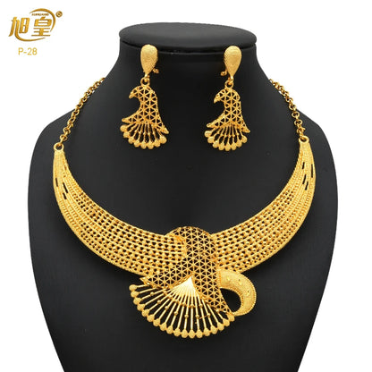 Women Wedding Dubai African Indian Flower Gold Plated Necklace Jewelry Sets