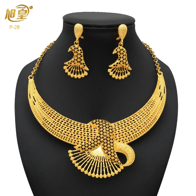 Dubai Women Wedding Gold Plated African Indian Round Necklace Earrings Jewelry Sets