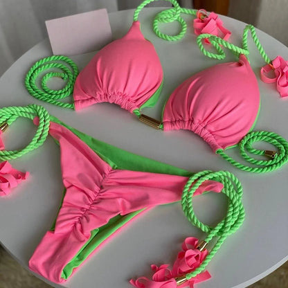 Sexy Separate Triangle Pure Color Rope Weaving Multicolor Bikini Swimsuit Suit