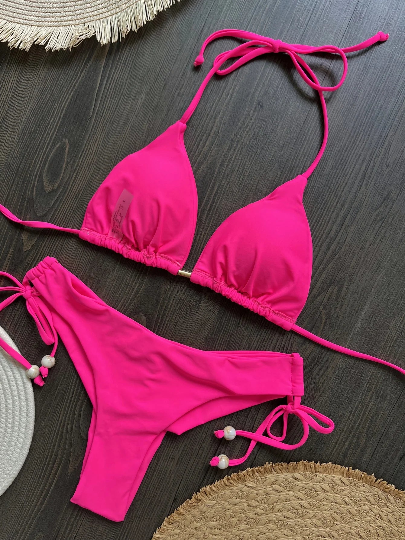 Solid Color Bikini Swimsuit Hanging Neck Rope Split Swimsuit 2-piece Beachwear Suit