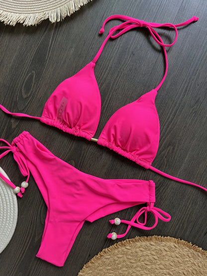 Solid Color Bikini Swimsuit Hanging Neck Rope Split Swimsuit 2-piece Beachwear Suit