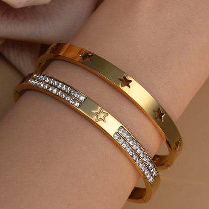 18K Gold Plated Stainless Steel Hollow Star Zircon Bracelet Bangle