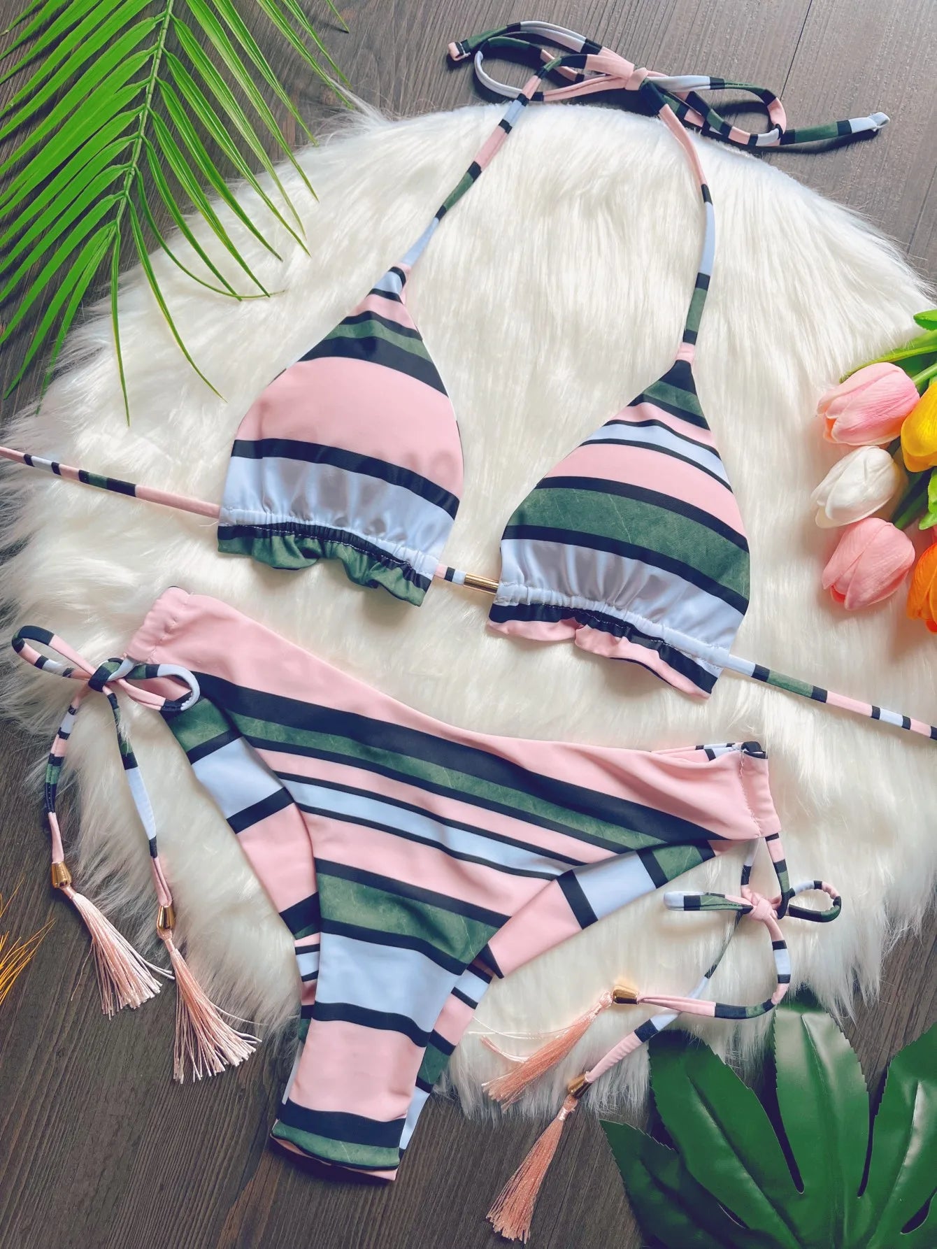 Sexy print bikini swimsuit split straps tassels 2-piece summer beach swimsuit Suit